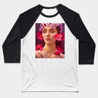 Sad Flower Girl - Portrait Young Woman Adorned with Flowers Baseball T-Shirt